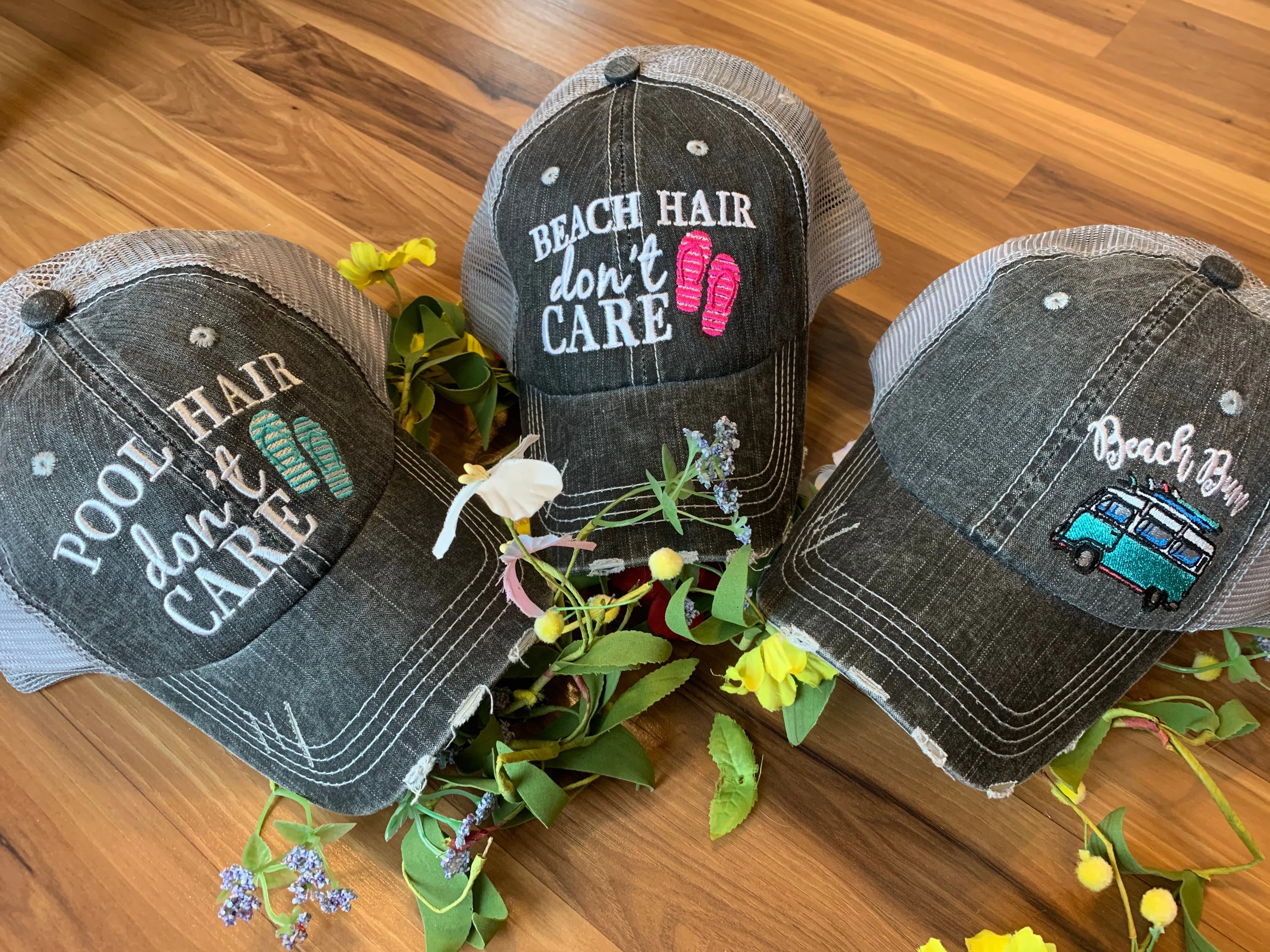 Pool hats Embroidered gray distressed unisex trucker caps Pool hair dont care Pool please Flamingos Flip flops