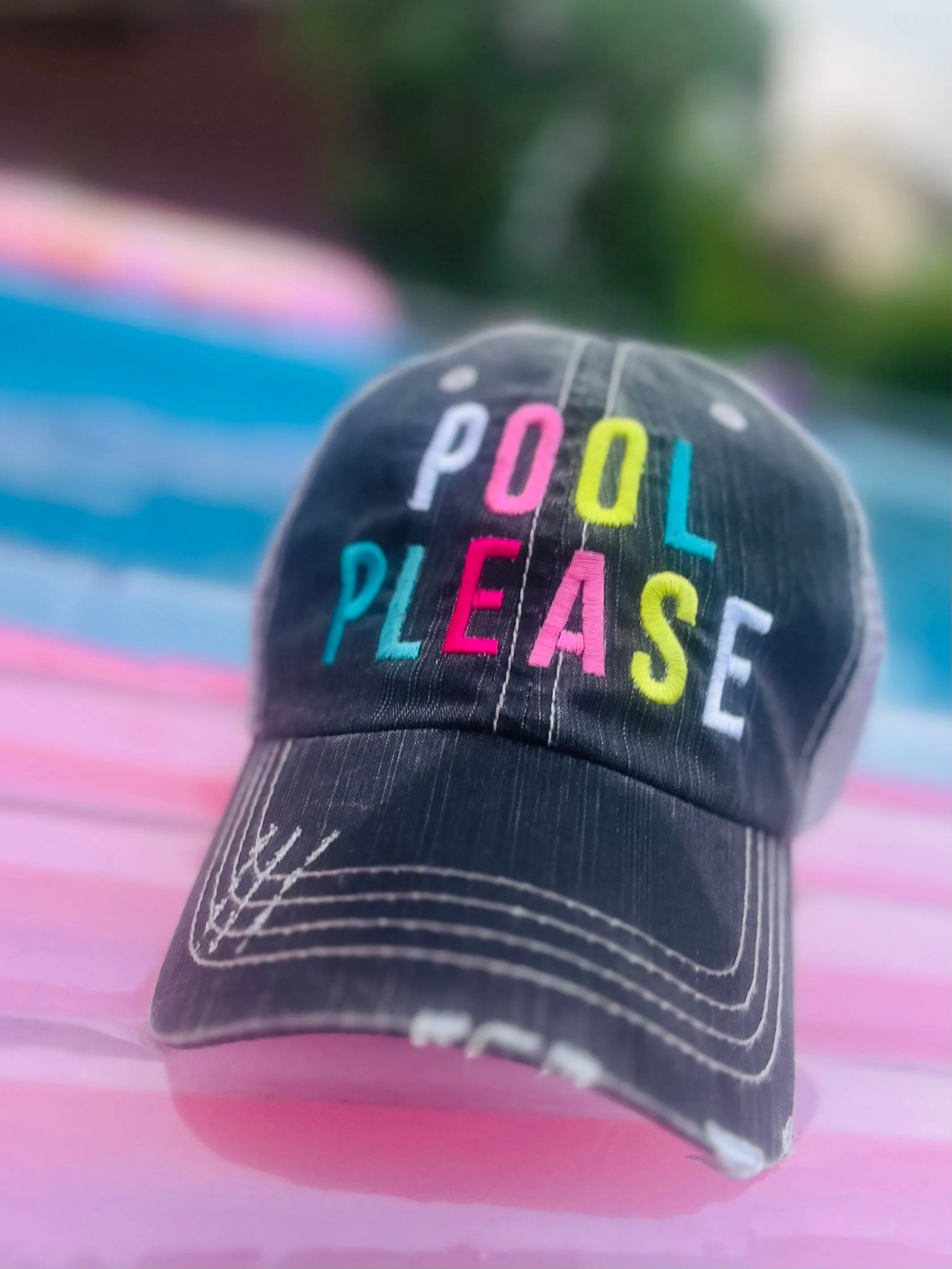 Pool hats Embroidered gray distressed unisex trucker caps Pool hair dont care Pool please Flamingos Flip flops