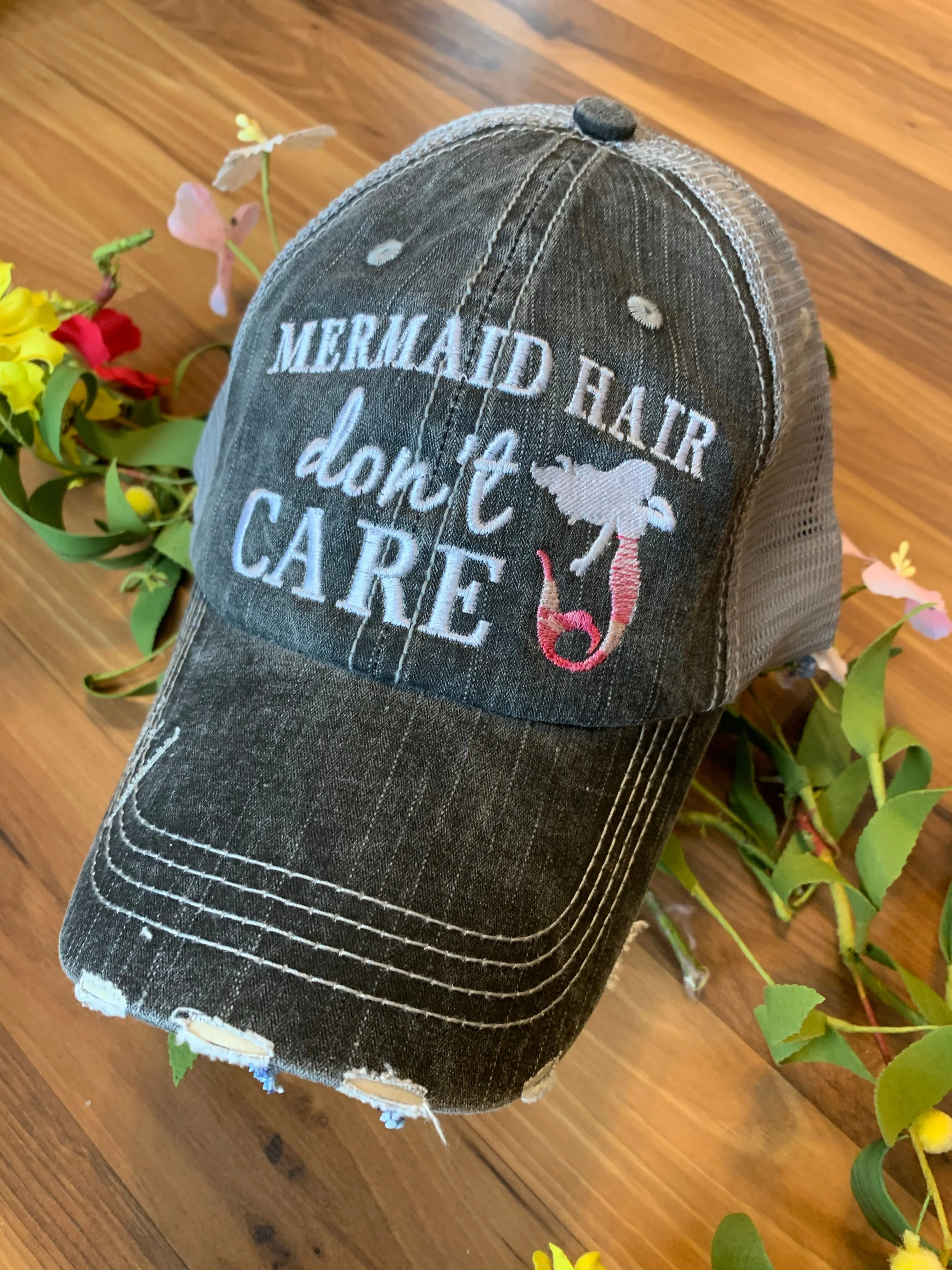 Pool hats Embroidered gray distressed unisex trucker caps Pool hair dont care Pool please Flamingos Flip flops