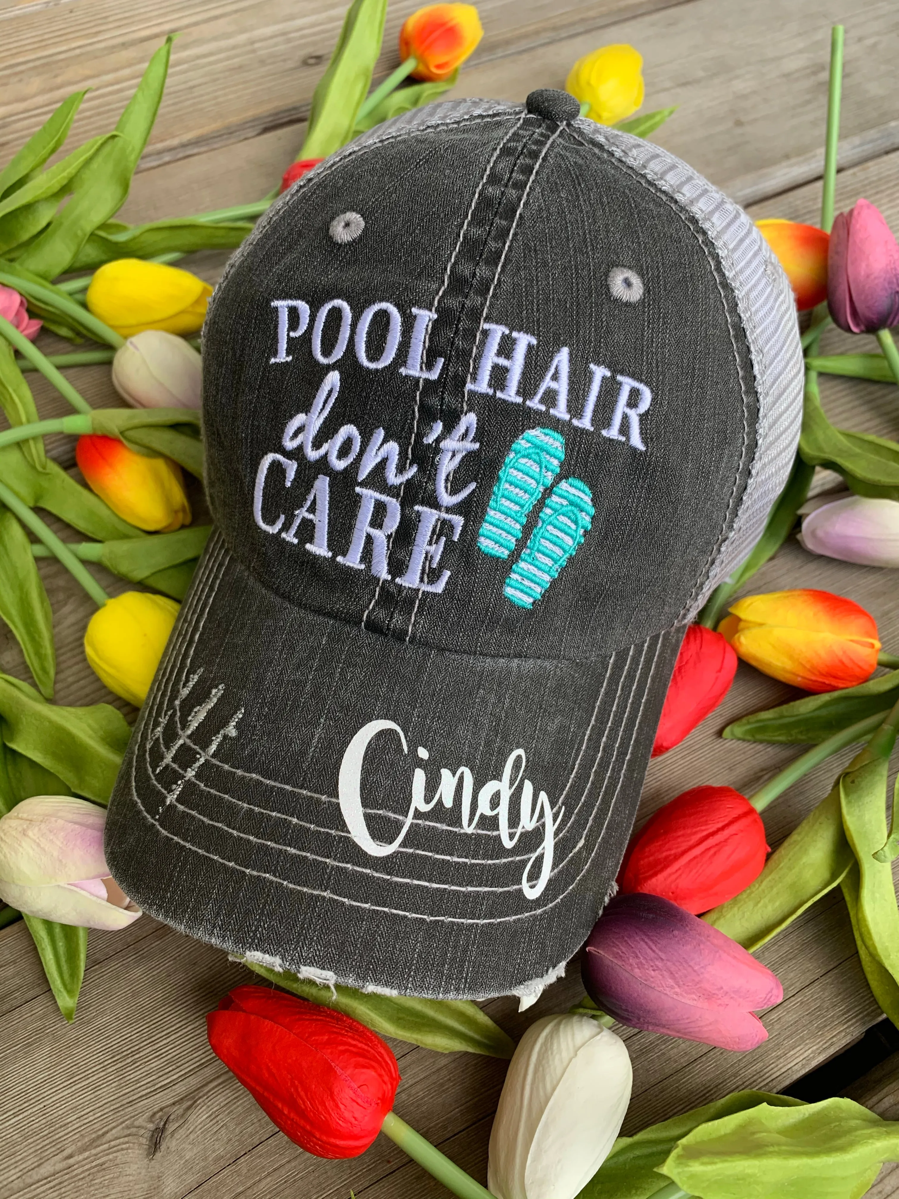 Pool hats Embroidered gray distressed unisex trucker caps Pool hair dont care Pool please Flamingos Flip flops