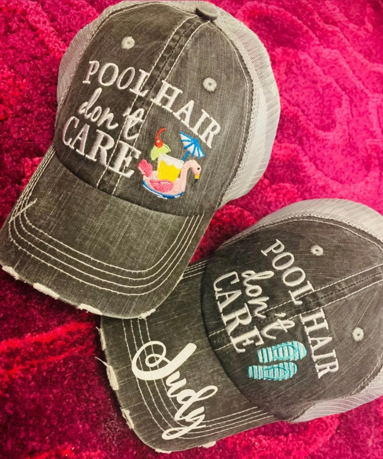 Pool hats Embroidered gray distressed unisex trucker caps Pool hair dont care Pool please Flamingos Flip flops