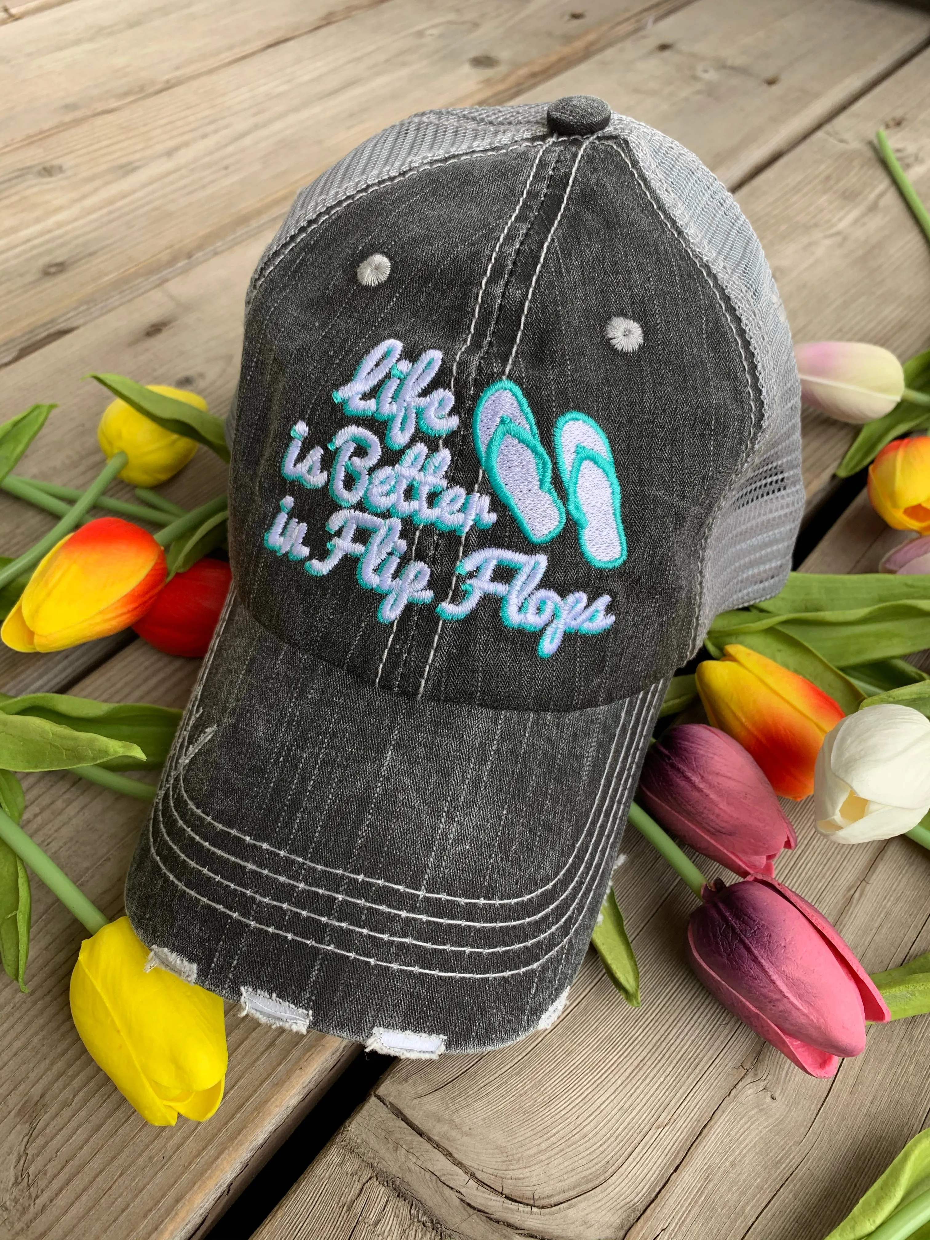 Pool hats Embroidered gray distressed unisex trucker caps Pool hair dont care Pool please Flamingos Flip flops