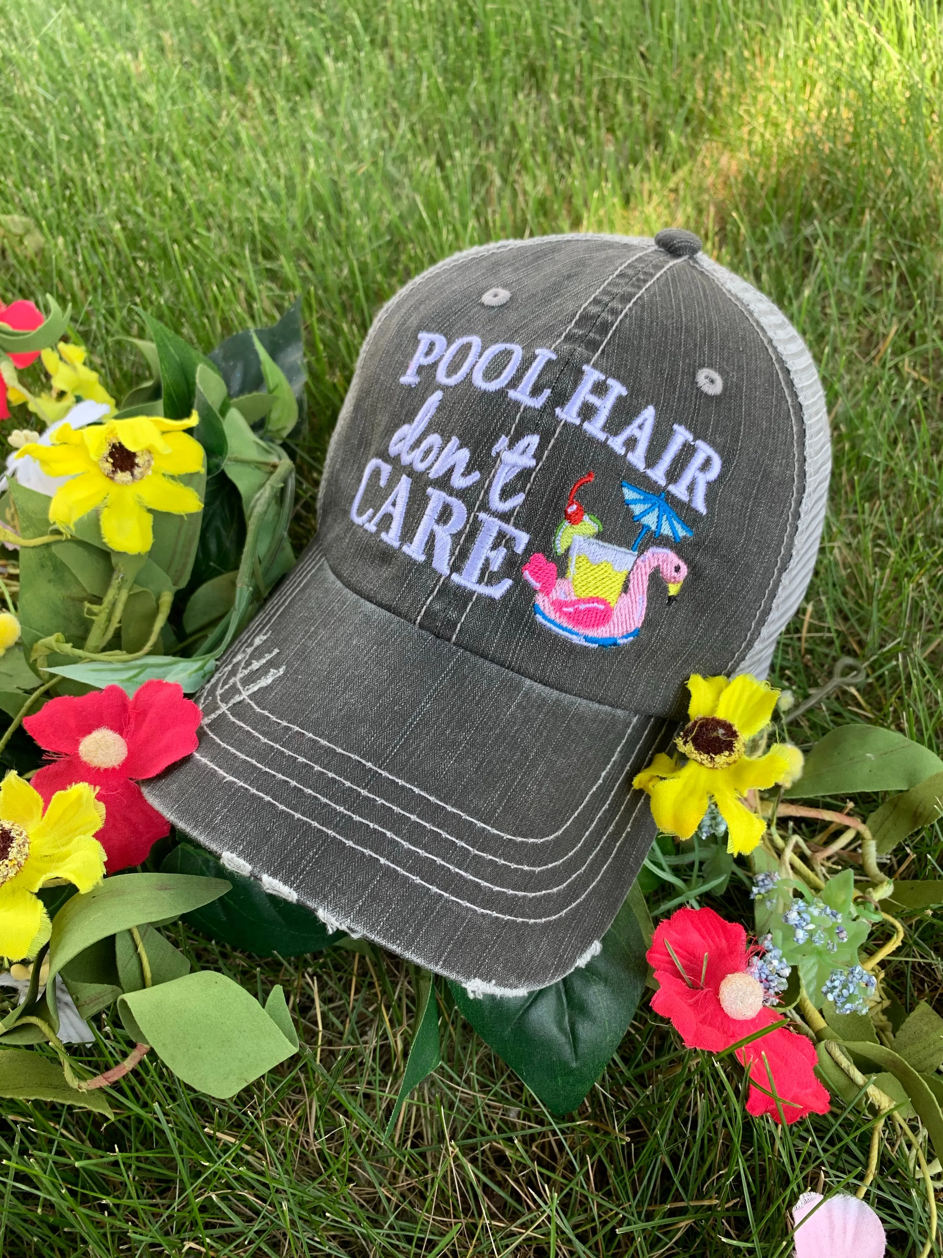 Pool hats Embroidered gray distressed unisex trucker caps Pool hair dont care Pool please Flamingos Flip flops