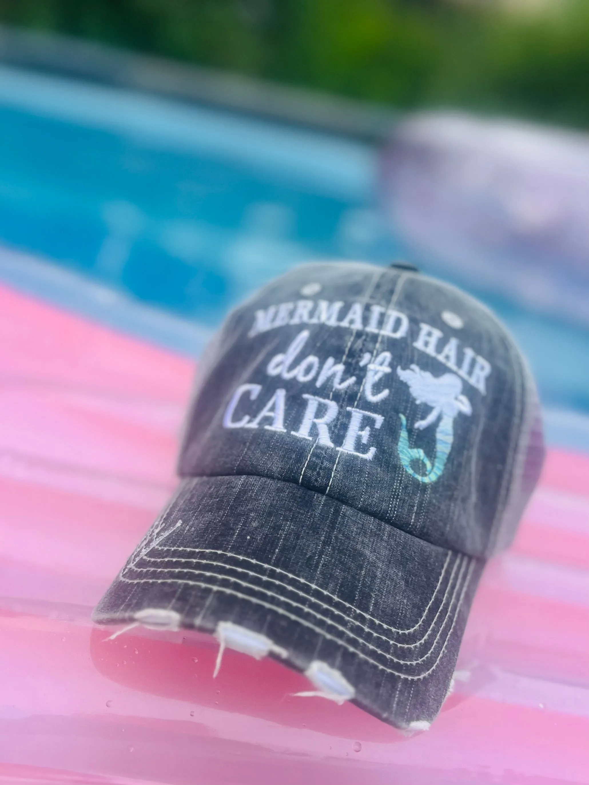 Pool hats Embroidered gray distressed unisex trucker caps Pool hair dont care Pool please Flamingos Flip flops