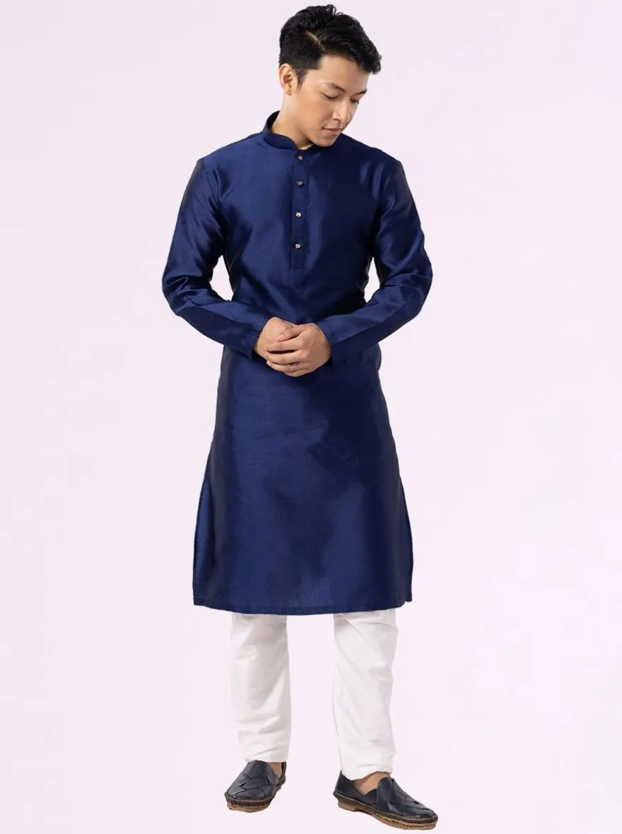 Prussian Blue Self-Textured Cotton Blend Kurta for Men