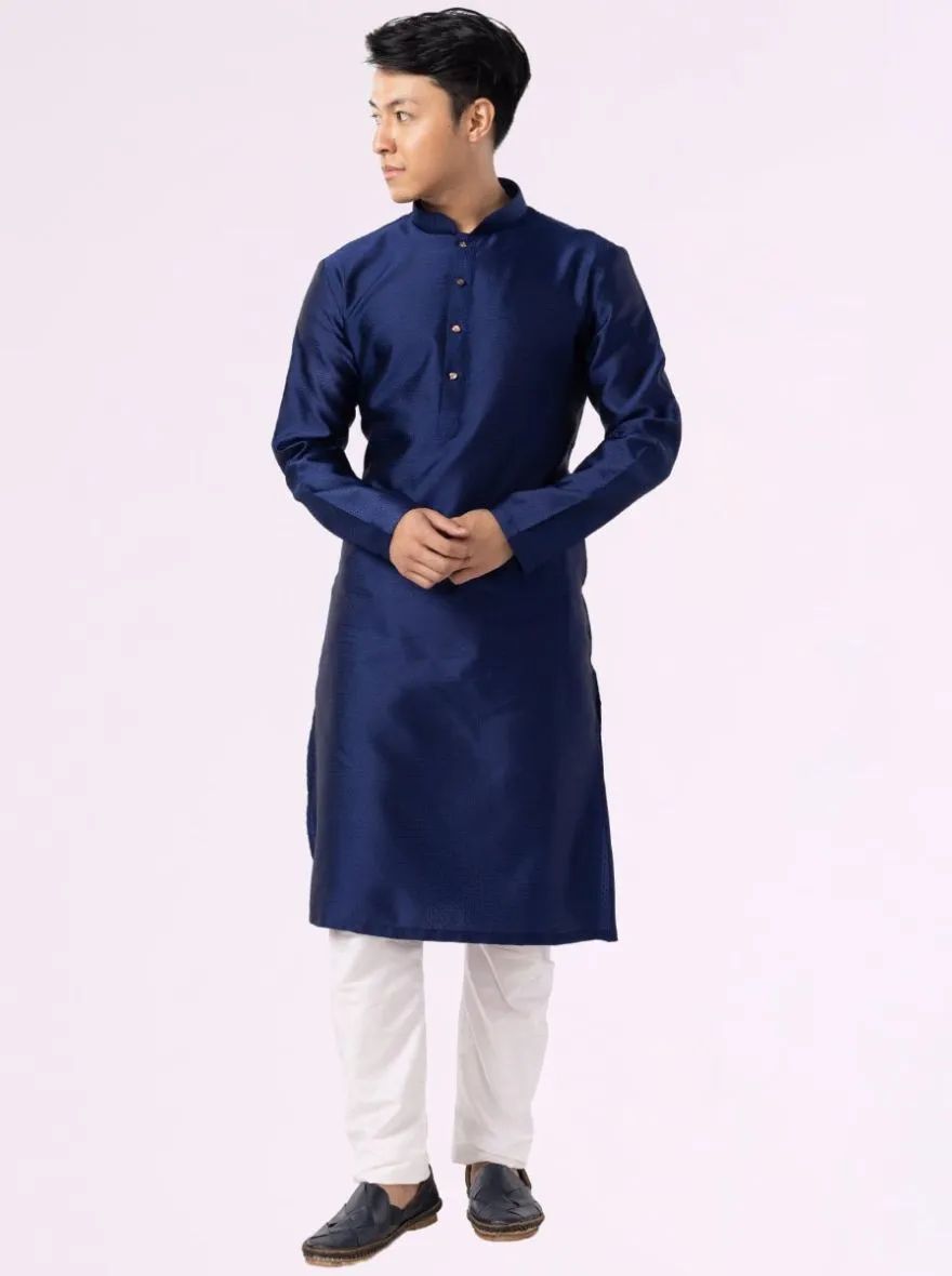 Prussian Blue Self-Textured Cotton Blend Kurta for Men