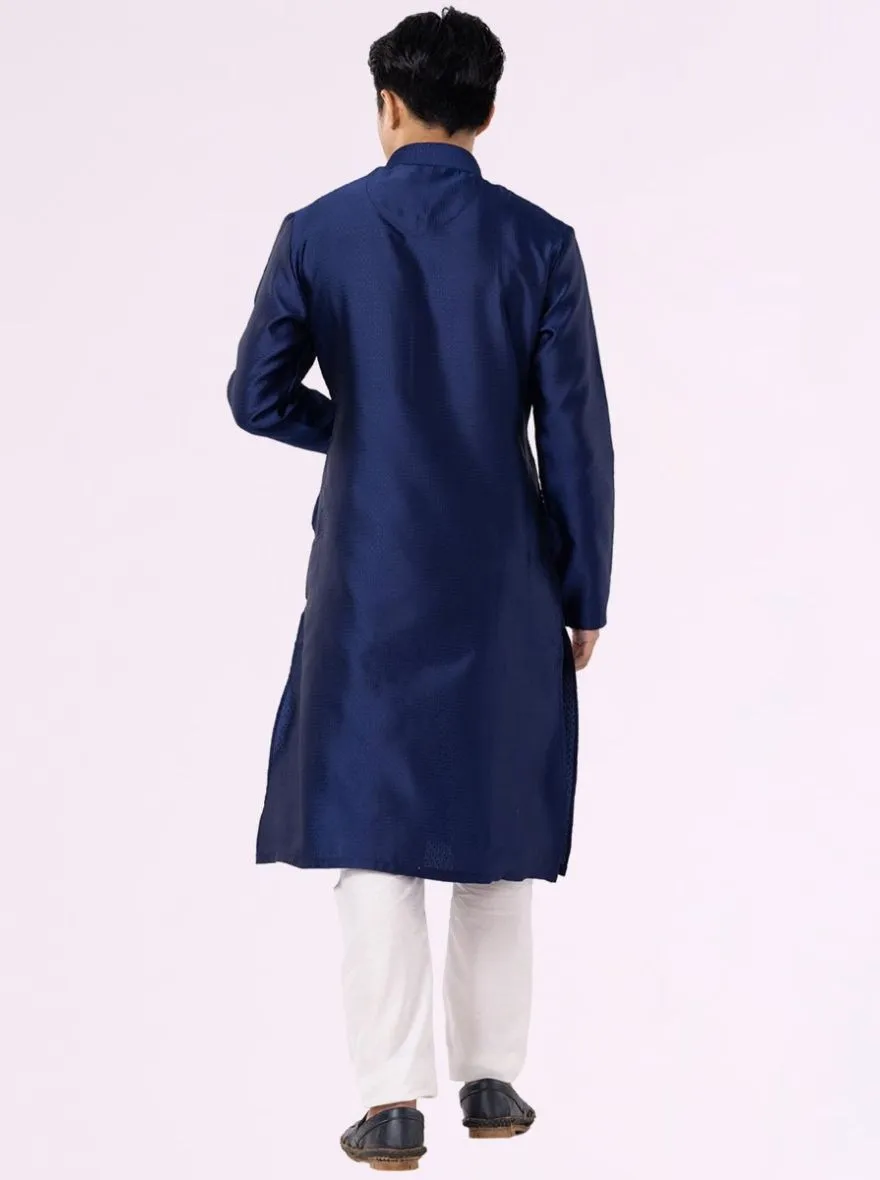 Prussian Blue Self-Textured Cotton Blend Kurta for Men