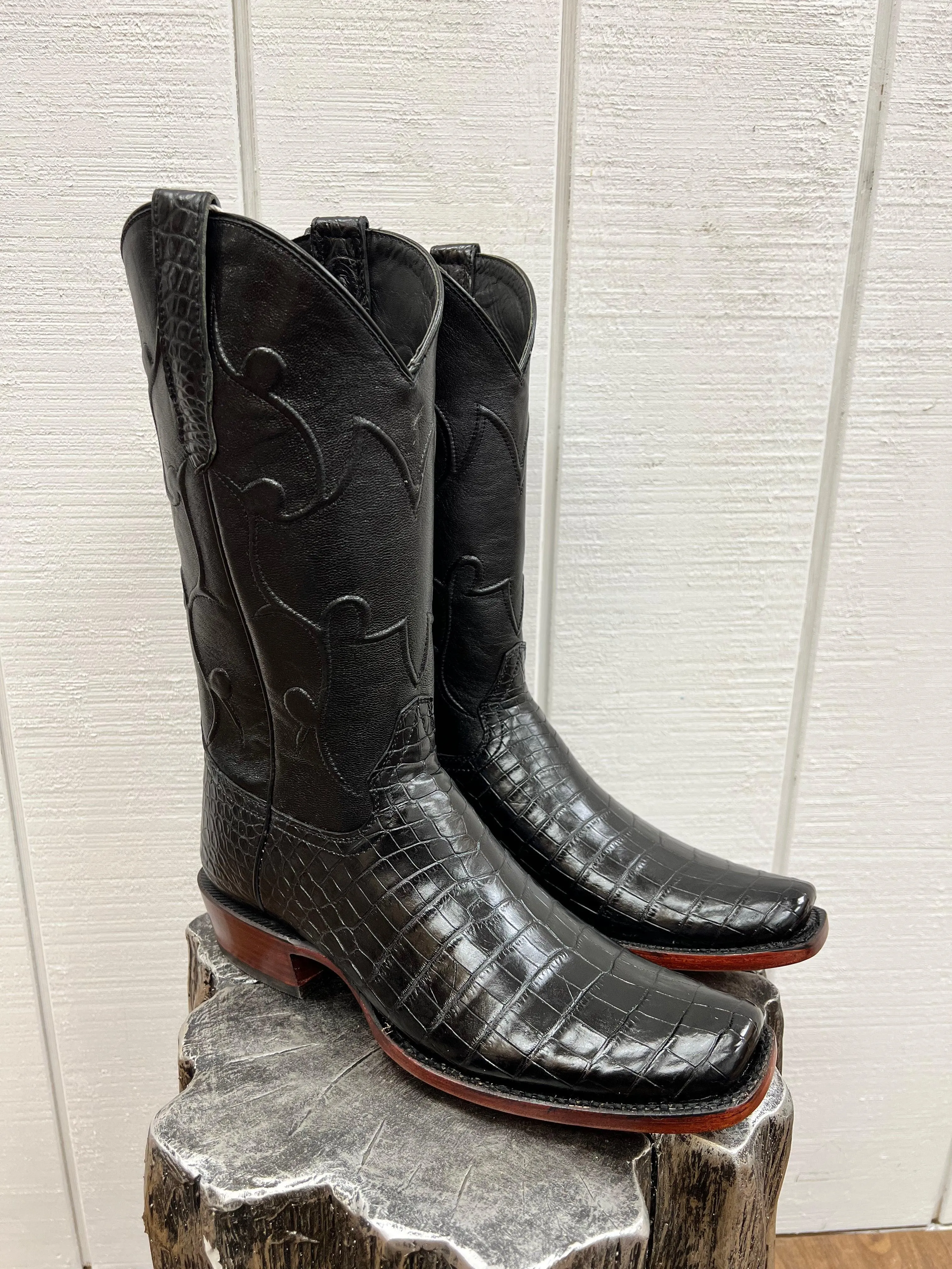 R. Watson Men's Black Nile Crocodile Square Toe Cowboy Boots RW9000-1