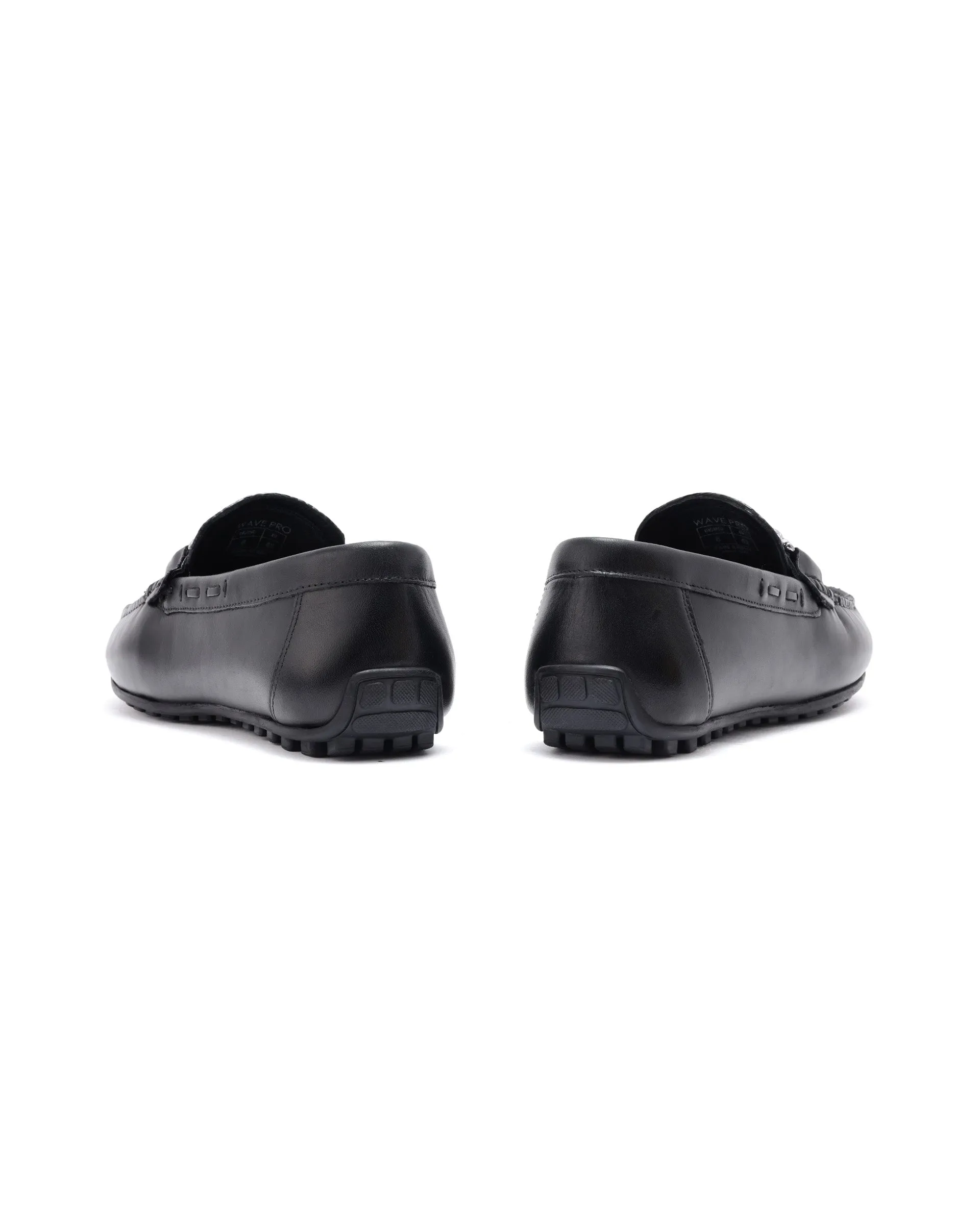 Rare Rabbit Men's Wave Pro Black Genuine Leather Plated Slip-On Driving Moccasins