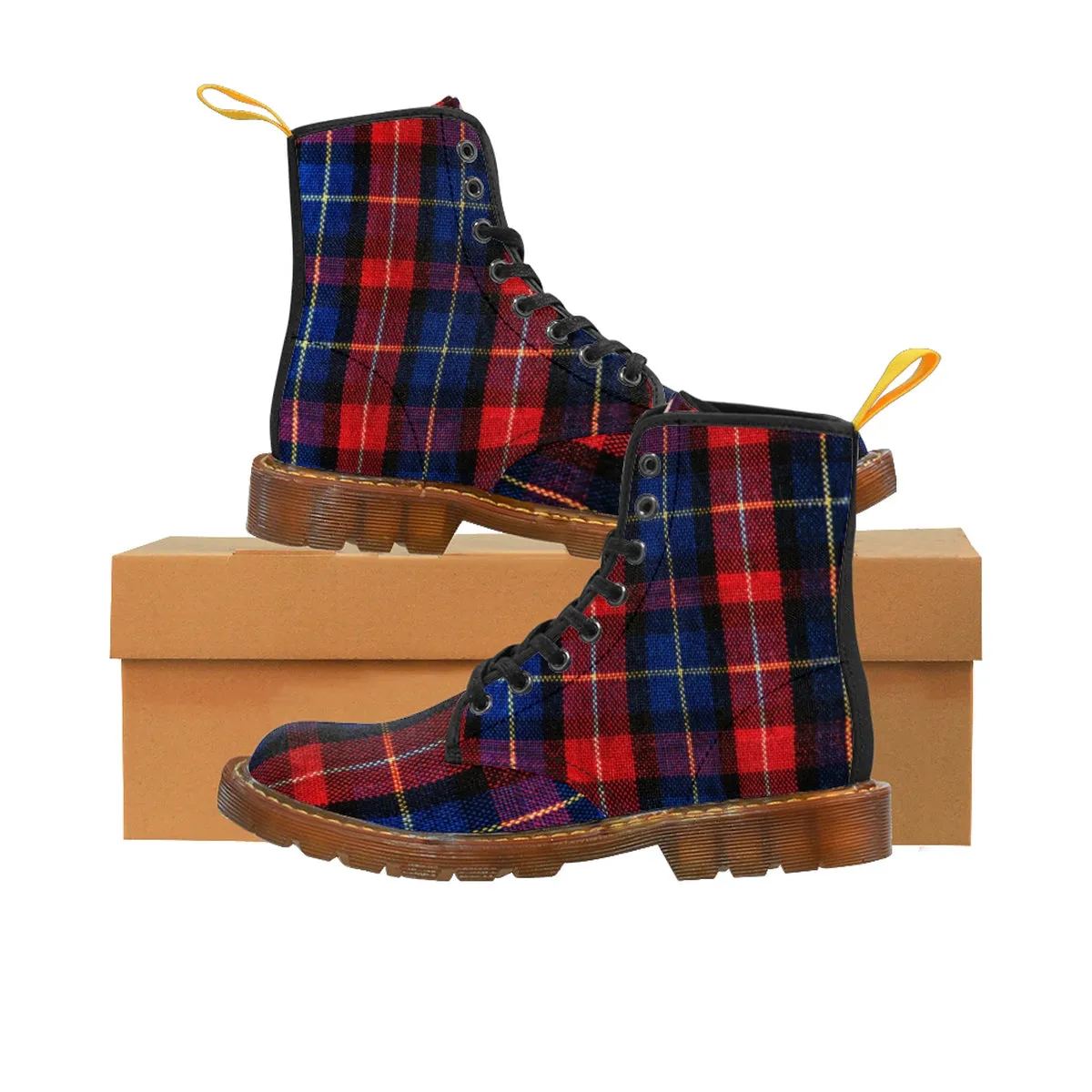 Red Blue Tartan Women's Boots, Plaid Print Winter Lace-up Toe Cap Hiking Boots Shoes