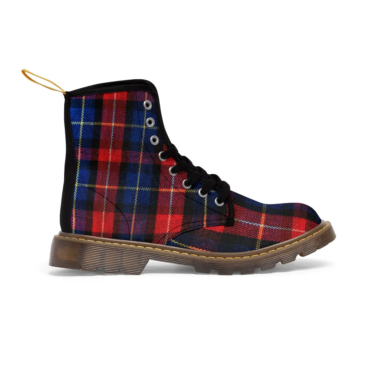 Red Blue Tartan Women's Boots, Plaid Print Winter Lace-up Toe Cap Hiking Boots Shoes