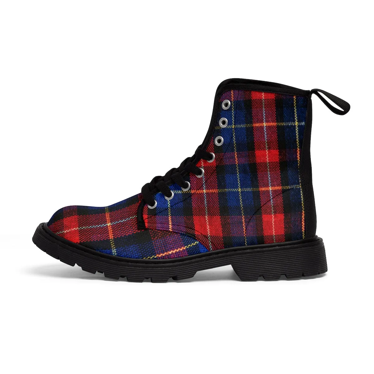 Red Blue Tartan Women's Boots, Plaid Print Winter Lace-up Toe Cap Hiking Boots Shoes