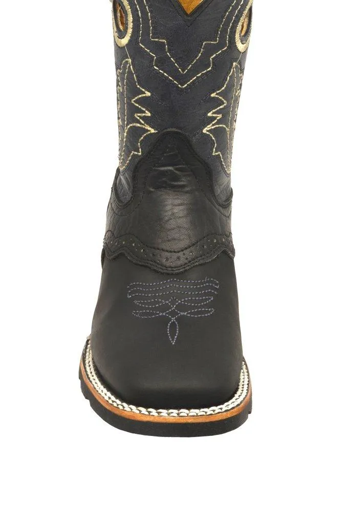 Redhawk Boy's Rodeo Bull Black Leather Square Toe Cowboy Boots 3001