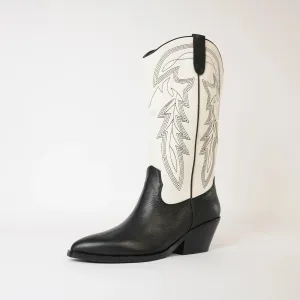 Riding Black / Cream Leather Embroidery Knee High Boots