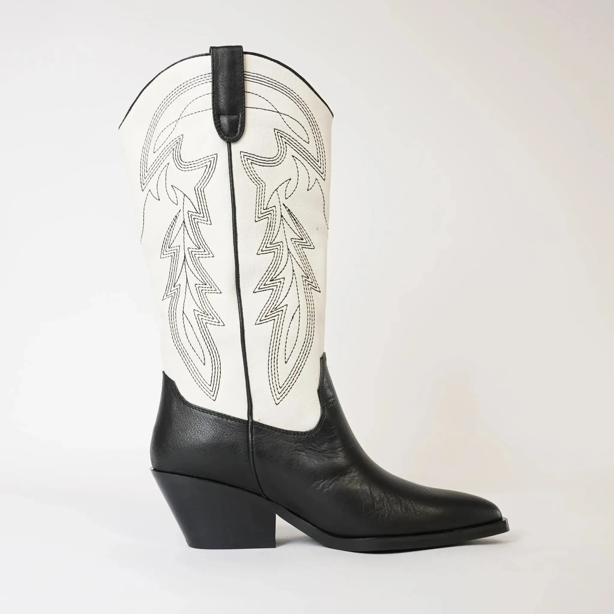 Riding Black / Cream Leather Embroidery Knee High Boots