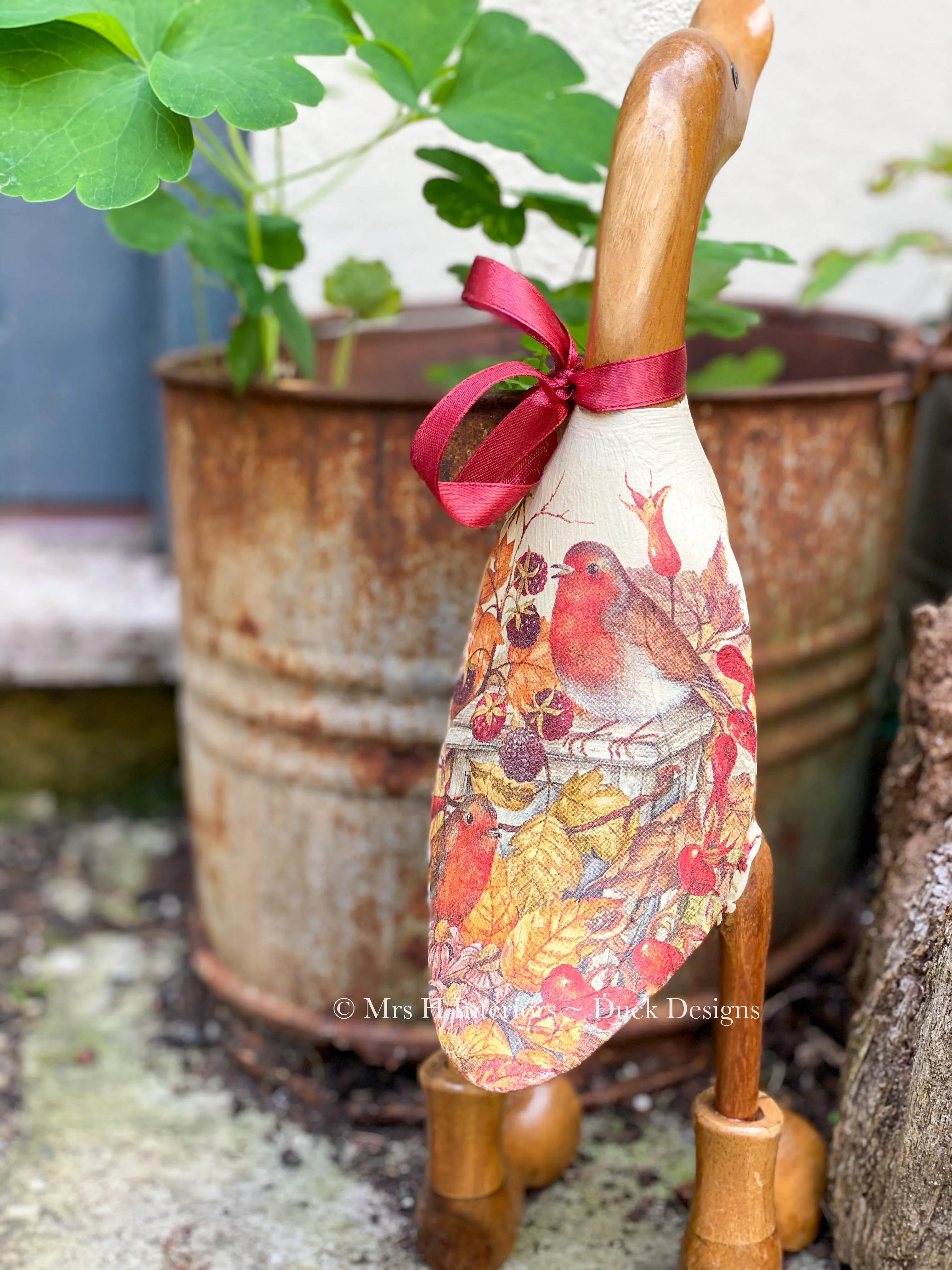 Rodney Robin - Decorated Wooden Duck in Boots by Mrs H the Duck Lady