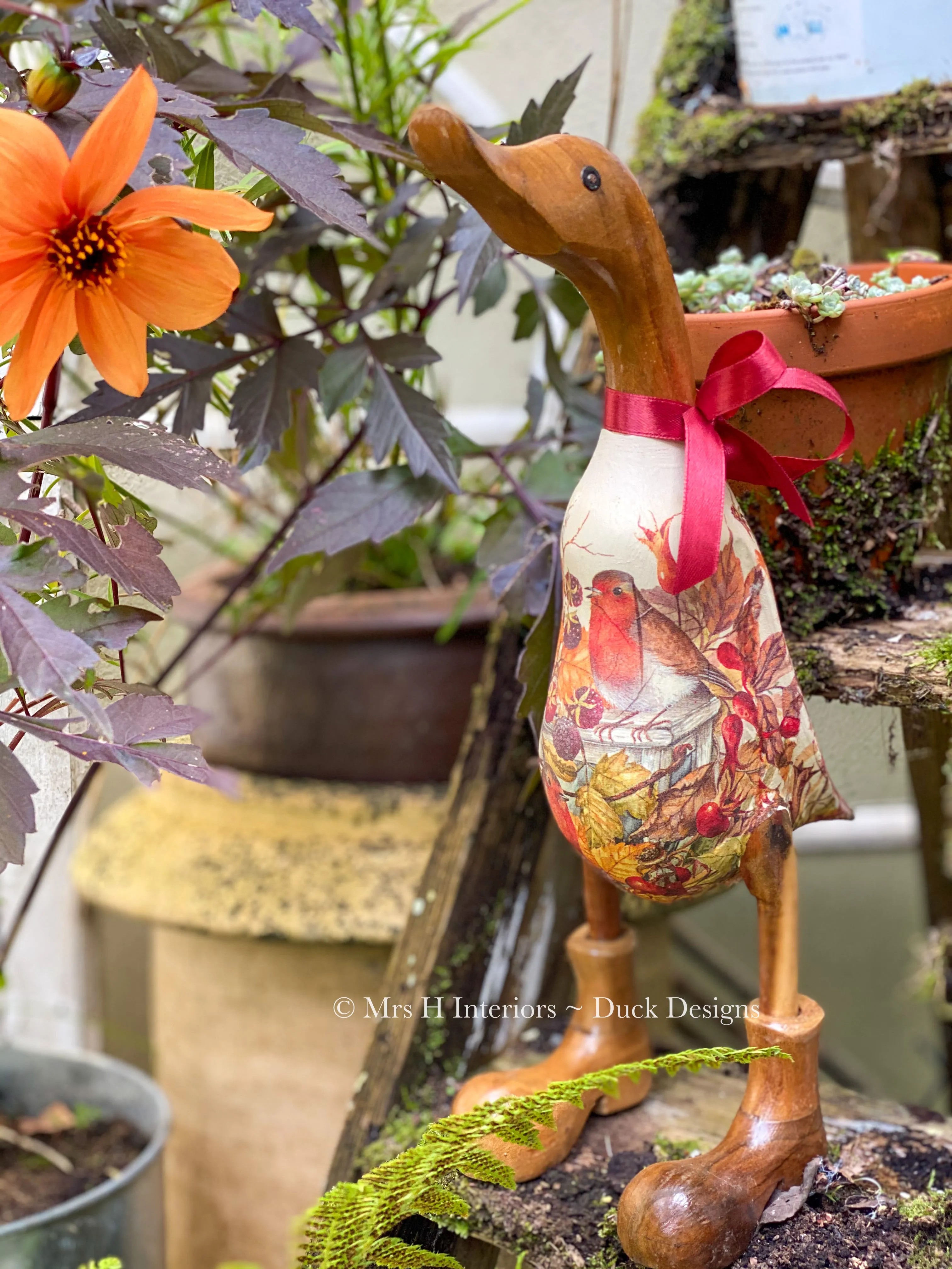 Rodney Robin - Decorated Wooden Duck in Boots by Mrs H the Duck Lady