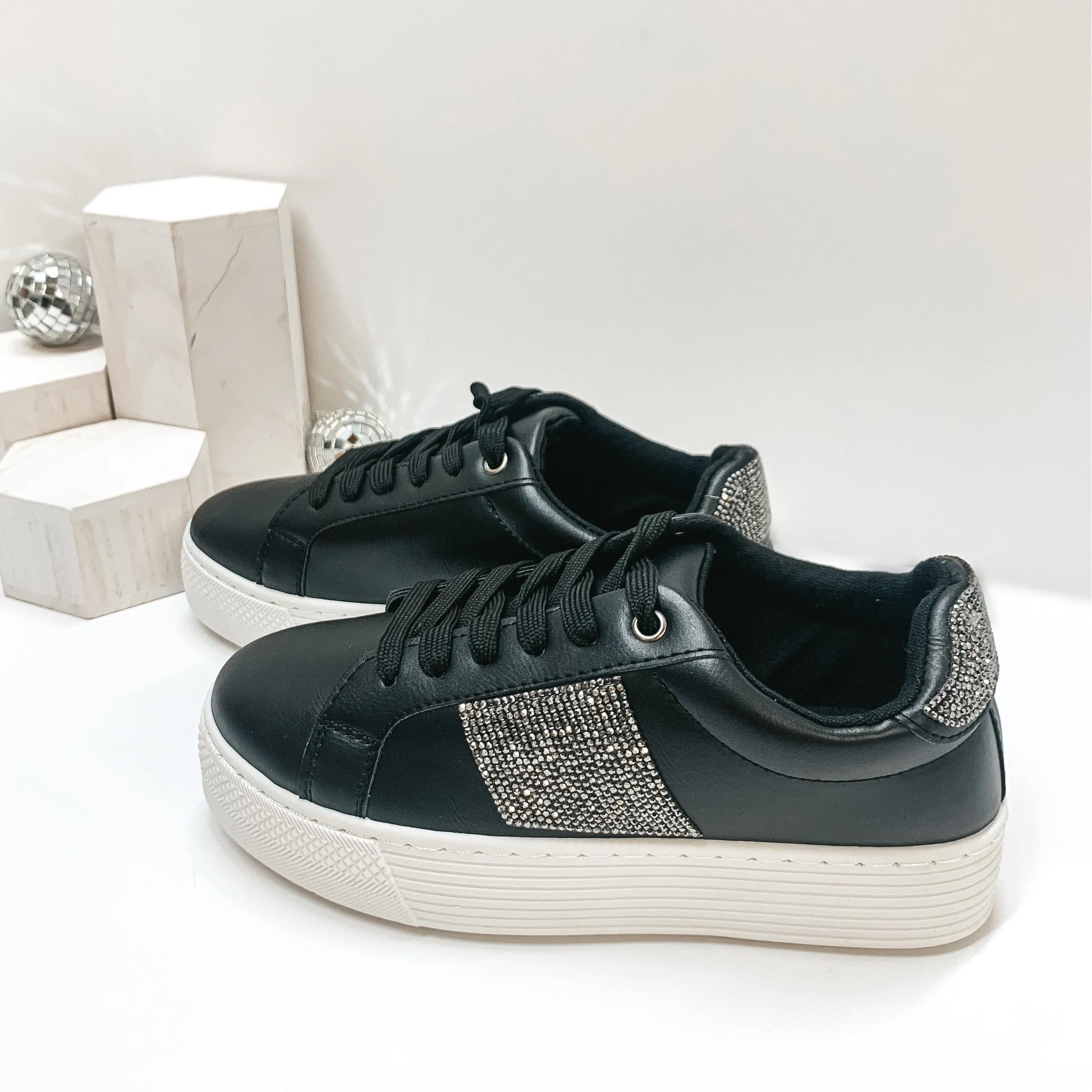 Shining Chic Lace Up Crystal Embellished Platform Sneakers in Black