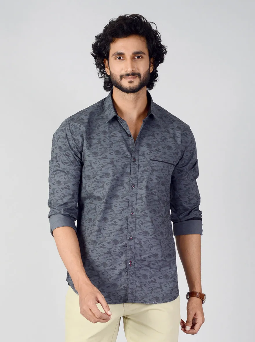 Slate Grey Printed Slim Fit Casual Shirt | Greenfibre