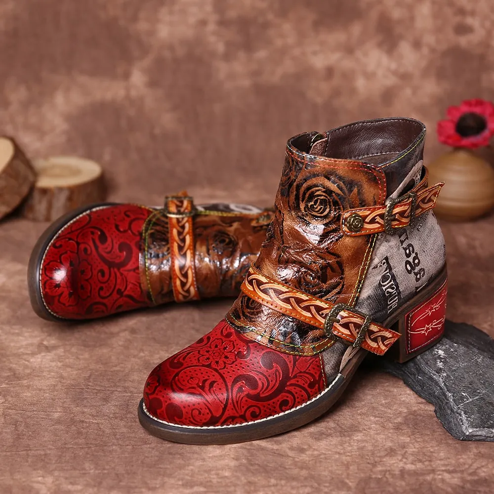 SOCOFY  Handmade Leather Vintage Print & Emboss Ankle Boots