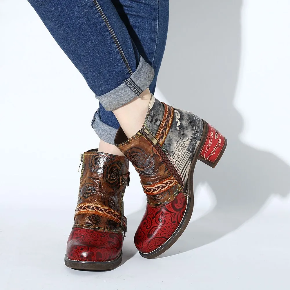 SOCOFY  Handmade Leather Vintage Print & Emboss Ankle Boots