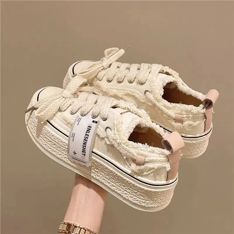 Sohiwoo Women Casual Canvas Platform Shoes Woman High Top Spring New Flashion Vulcanize Pink Floral Espadrilles Tennis Female Sneakers