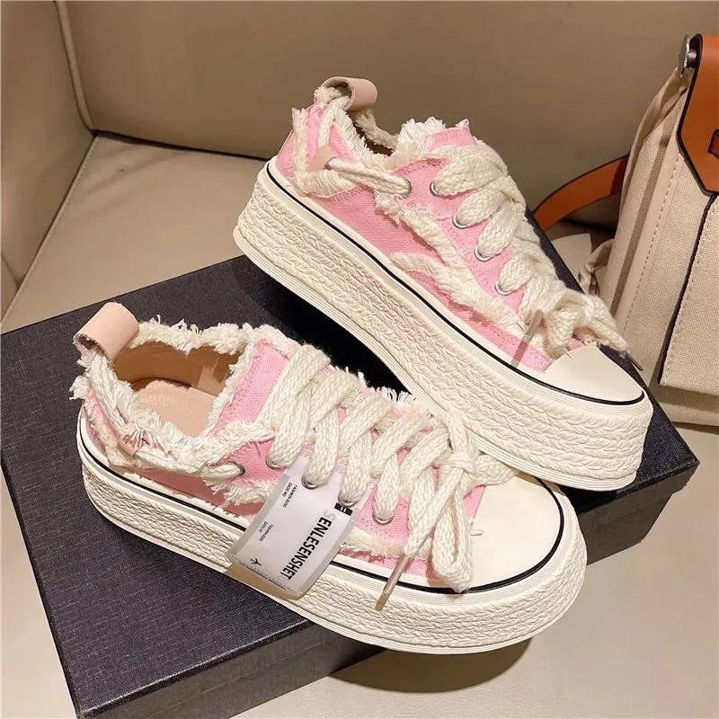 Sohiwoo Women Casual Canvas Platform Shoes Woman High Top Spring New Flashion Vulcanize Pink Floral Espadrilles Tennis Female Sneakers