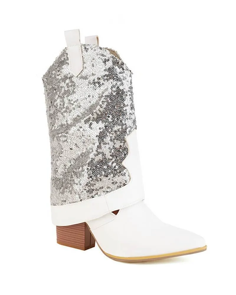 Sparkling Glitter Chunky Heel Boots