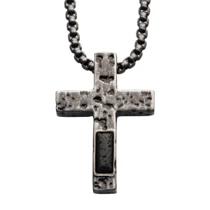 Stainless Steel Silver Plated Cross Pendant with Lava Stone Pendant, with 24 inch long Steel Box Chain