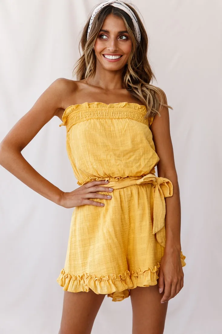 Stephy Frill-Trimmed Elasticated Strapless Romper Yellow