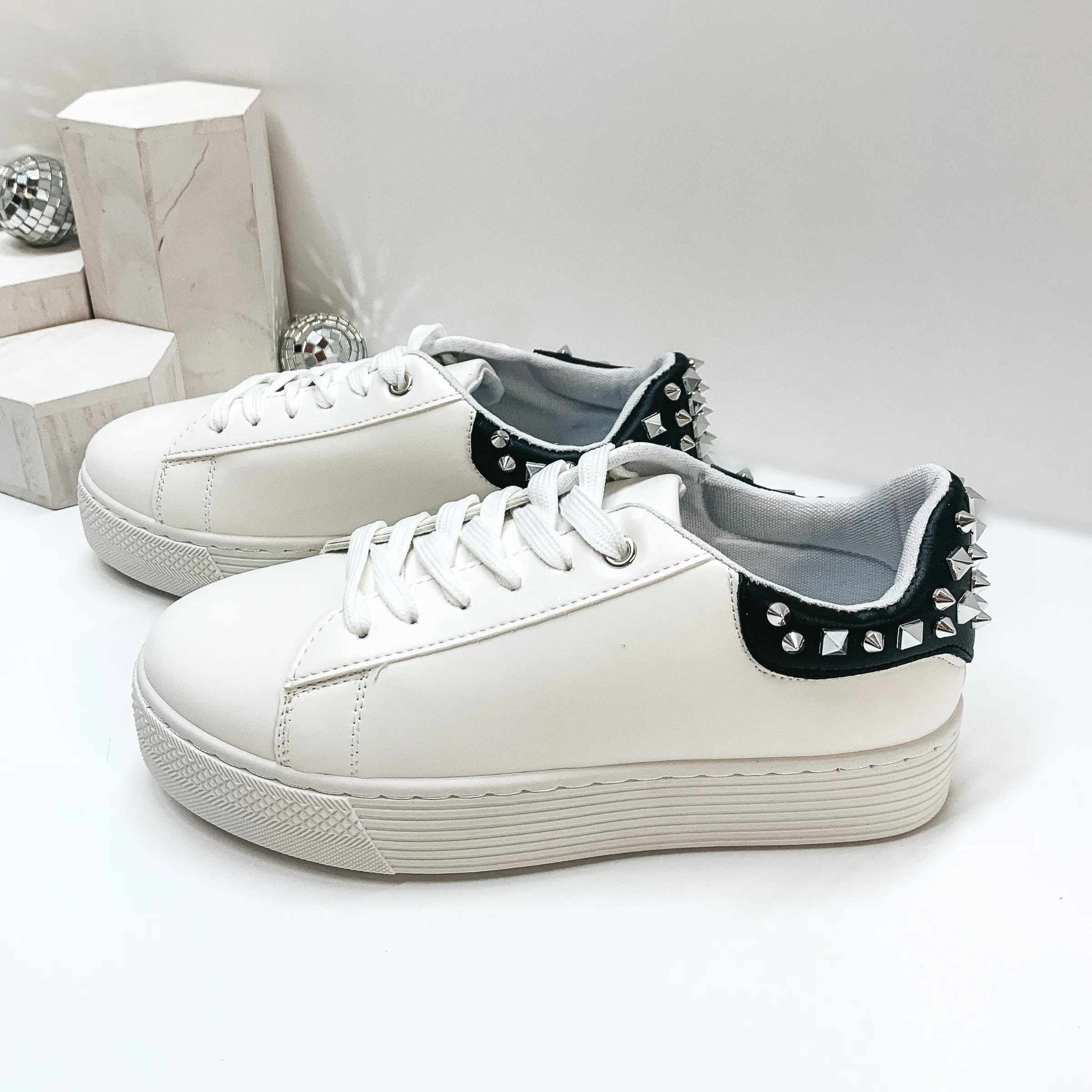 Studded Chic Lace Up Black Heel Platform Sneakers in White