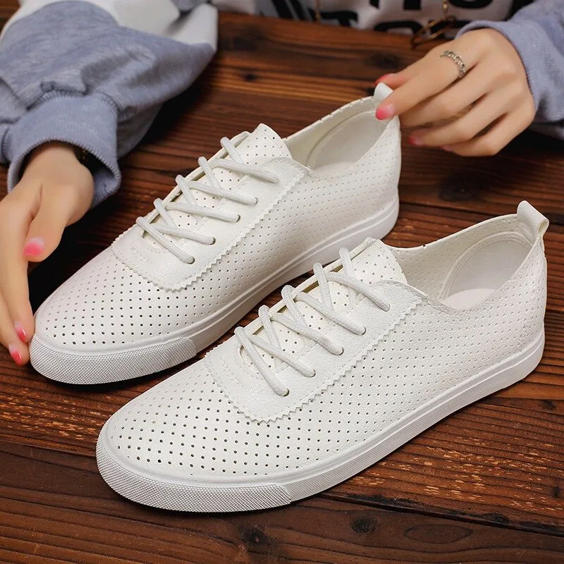 Summer Students Lace-up Sneakers Hollow Breathable Leisure Lazy Shoes Mens White Shoes Flat Shoes For Man