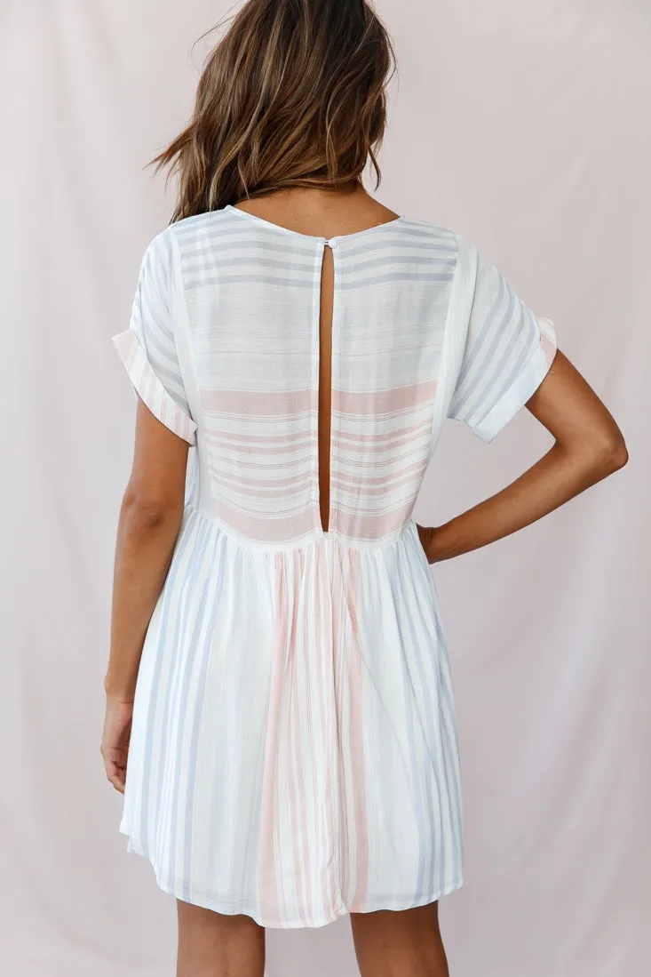 Susie Rolled Sleeve Crew Neck Swing Dress Stripe Print Blue/Peach