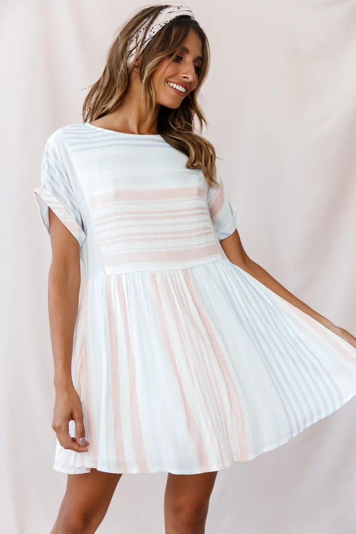 Susie Rolled Sleeve Crew Neck Swing Dress Stripe Print Blue/Peach