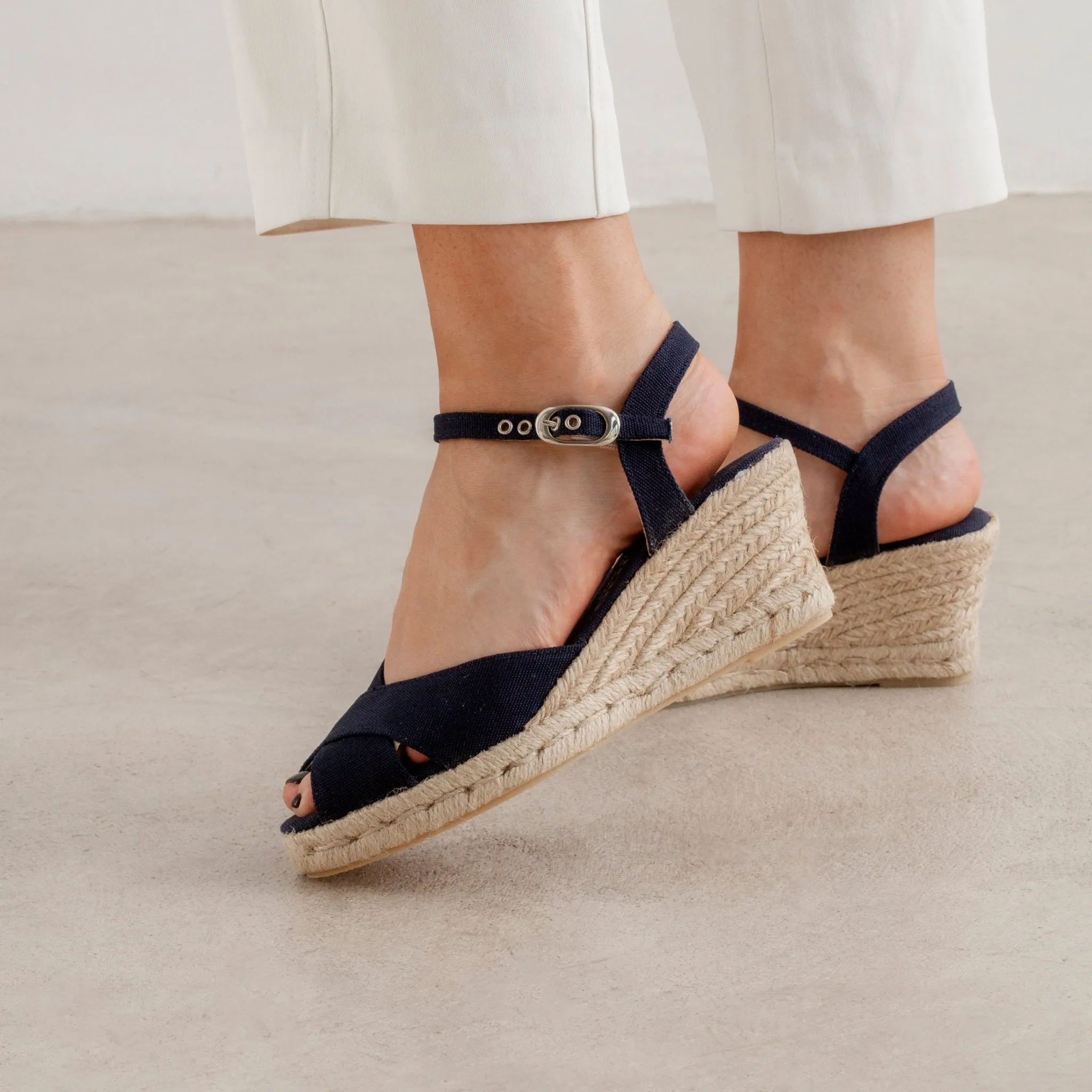 Taggia Organic Canvas Eco Vegan Espadrille Wedges - Navy Blue