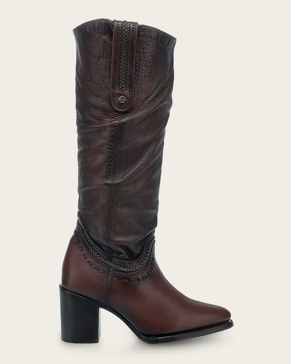 Tall wrinkled brown bovine boot