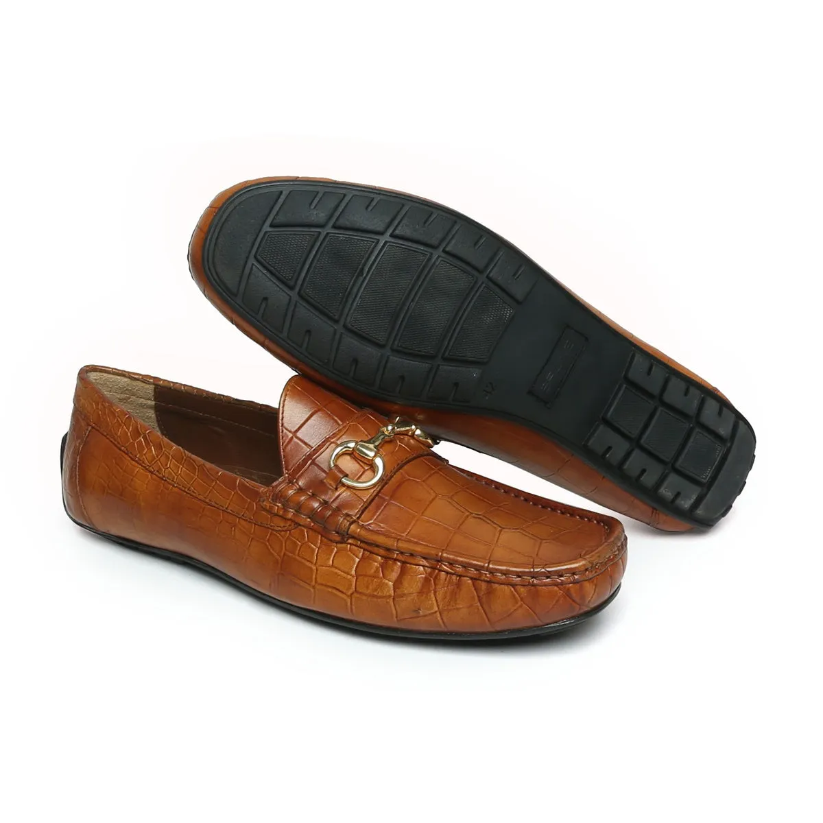 Tan Deep Cut Leather Loafer With Horse-bit Buckle