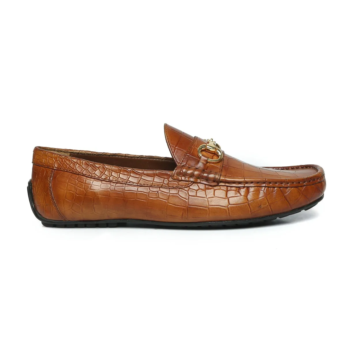 Tan Deep Cut Leather Loafer With Horse-bit Buckle