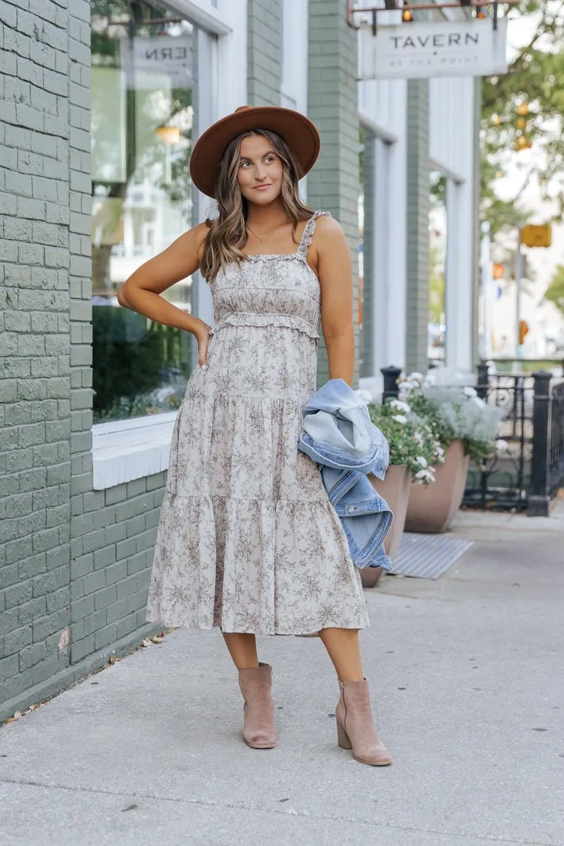 Taupe Print Tiered Midi Dress - DOORBUSTER