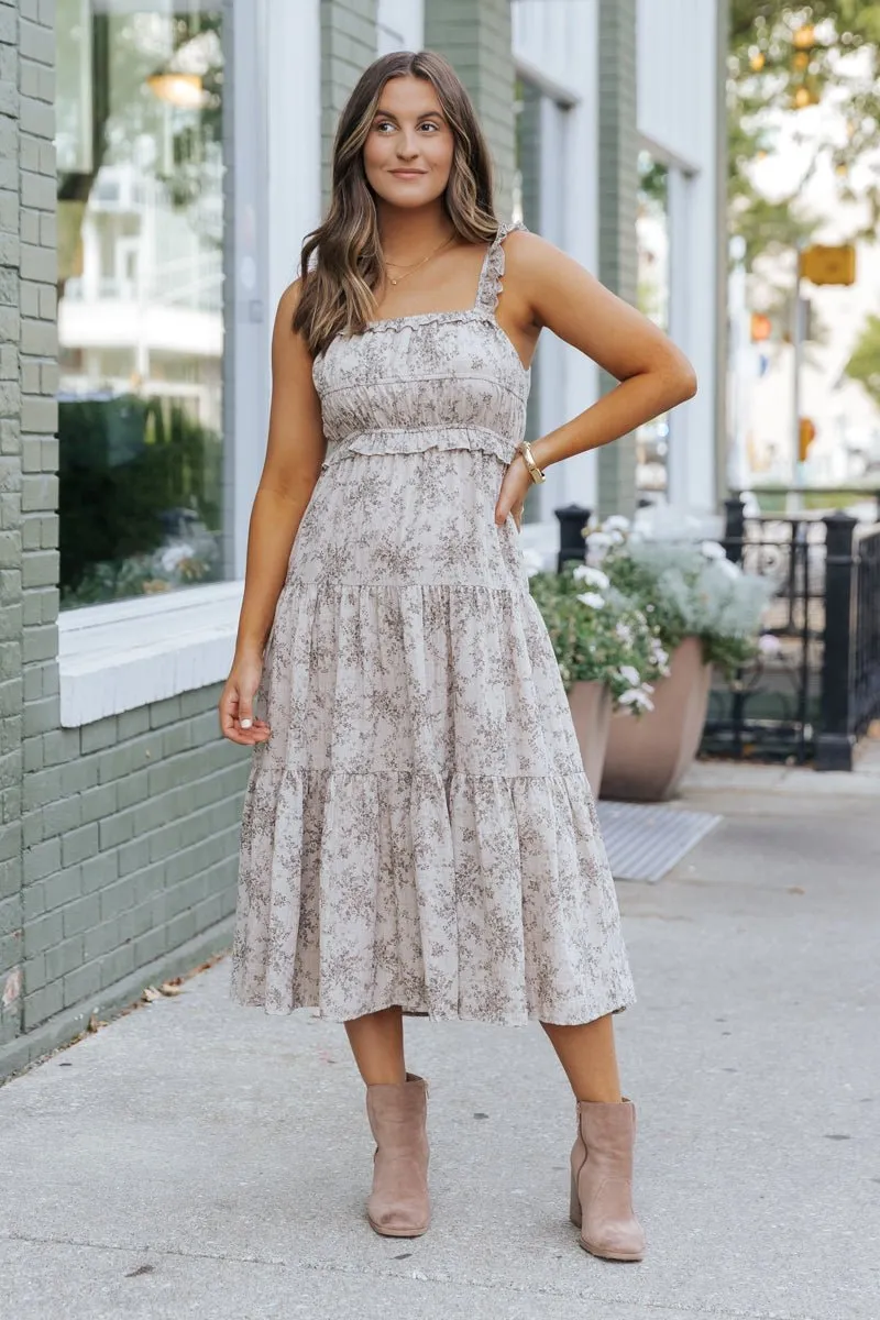 Taupe Print Tiered Midi Dress - DOORBUSTER