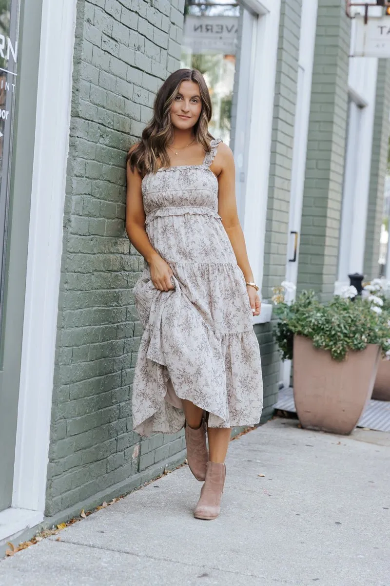 Taupe Print Tiered Midi Dress - DOORBUSTER