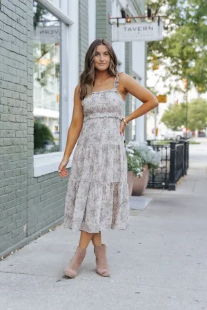 Taupe Print Tiered Midi Dress - DOORBUSTER