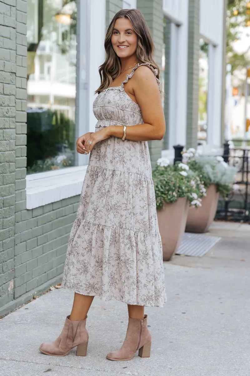 Taupe Print Tiered Midi Dress - DOORBUSTER