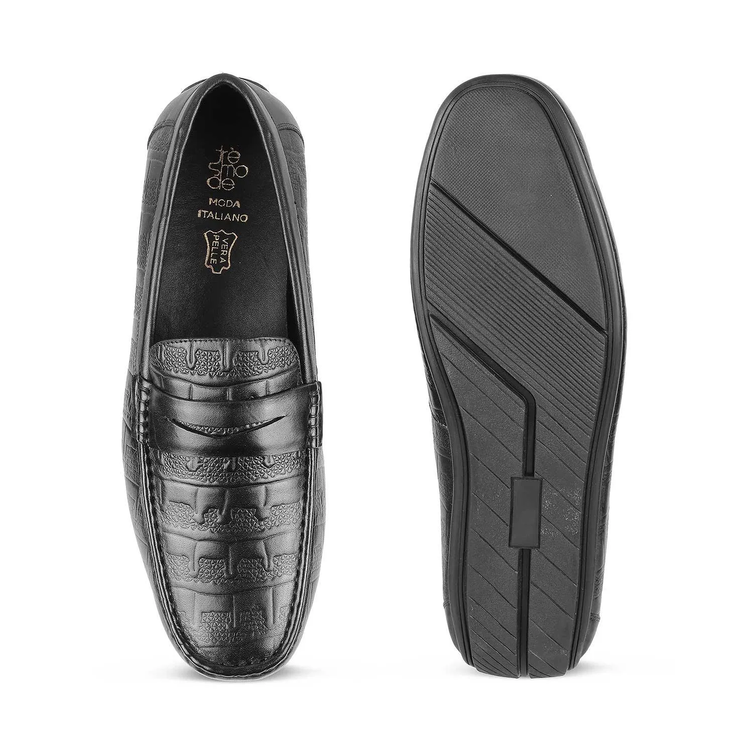 The Miland Black Men's Textured Leather Driving Loafers Tresmode