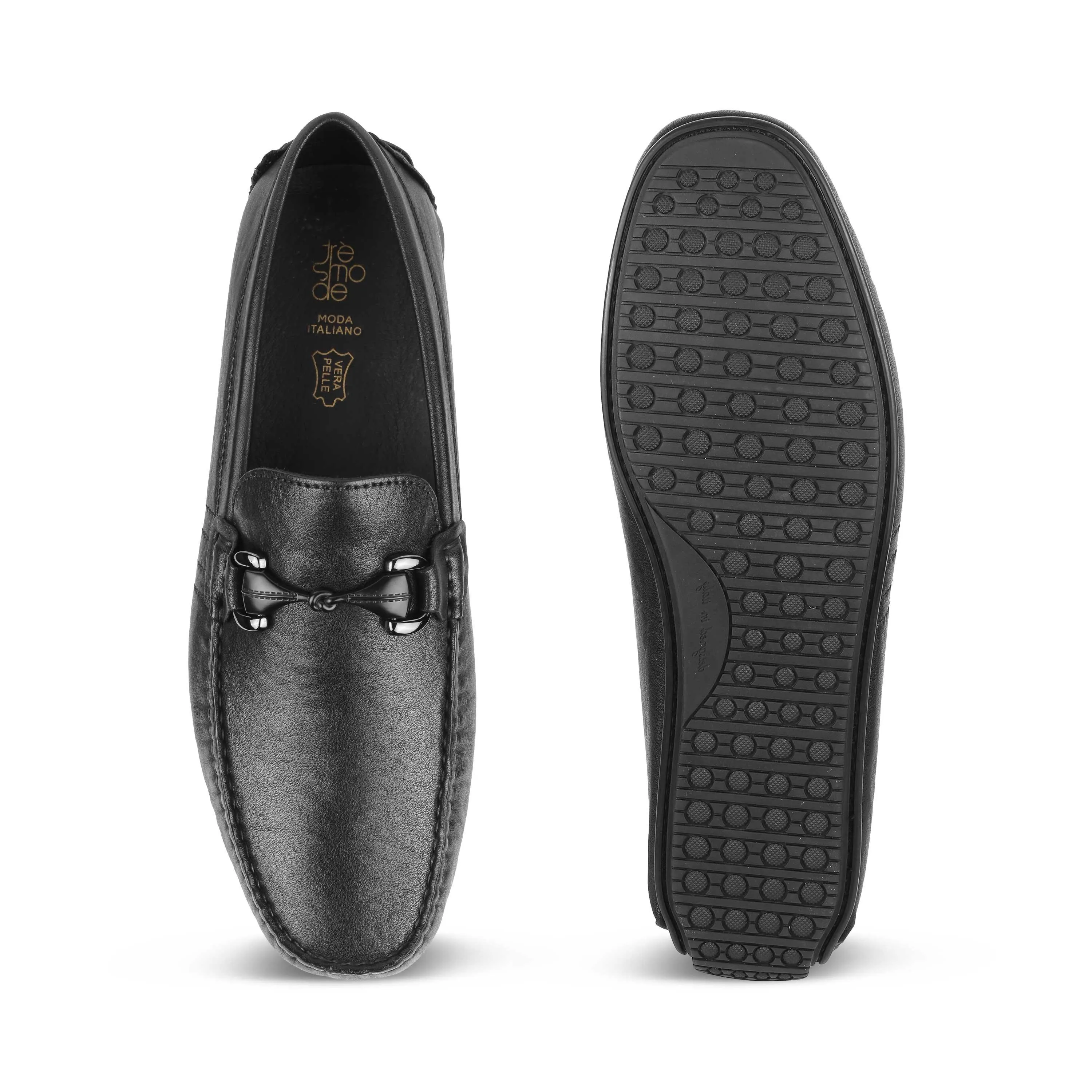 Tresmode Meroc Black Men's Leather Driving Loafers