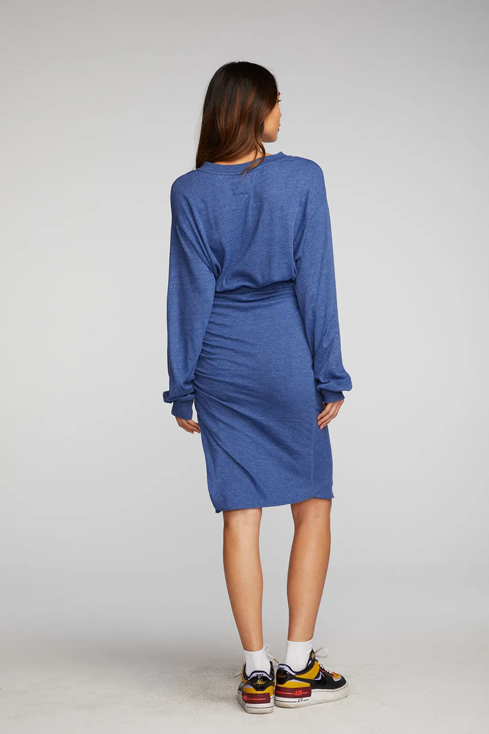 Triblend Midi Dress with Shirring at Waist and Side Slit