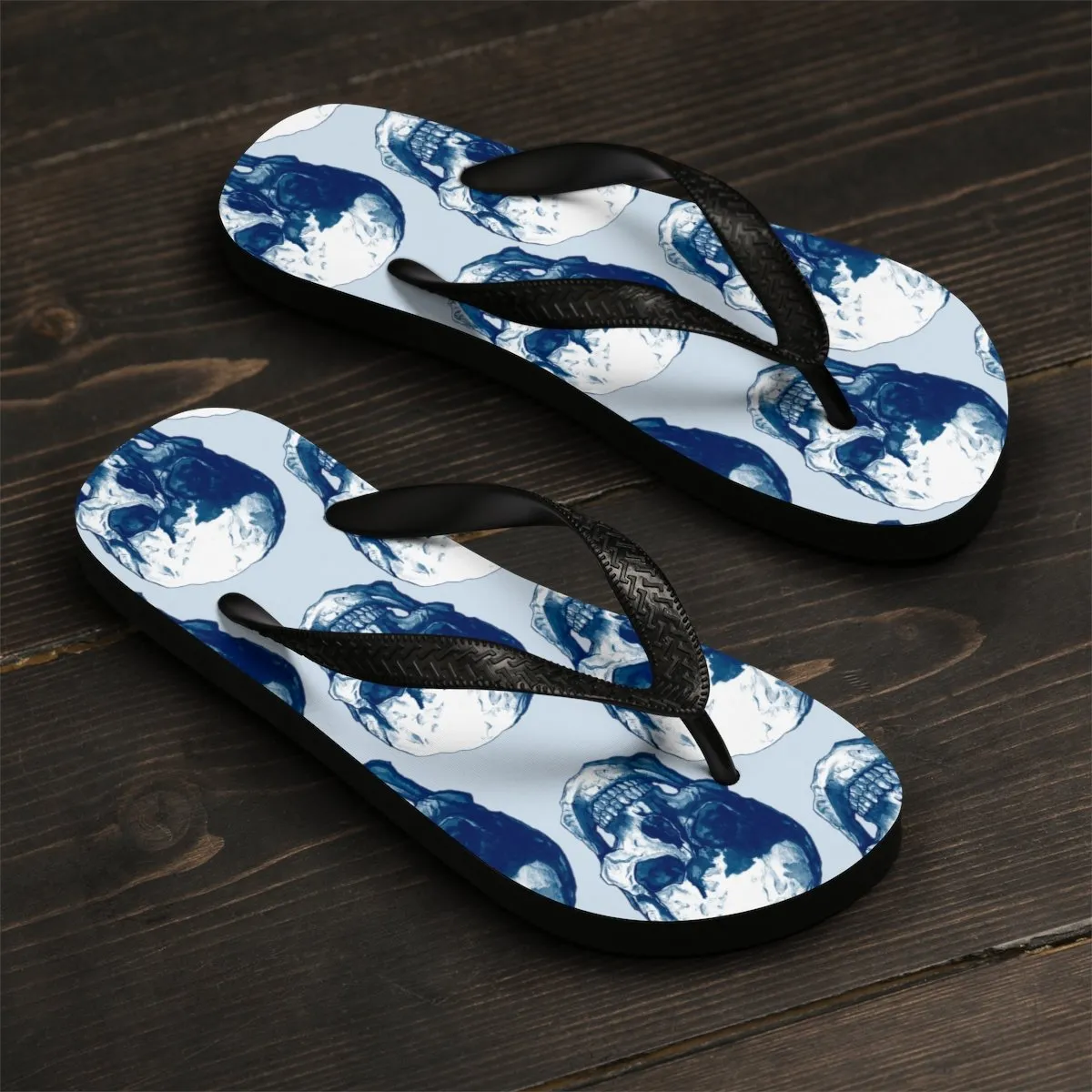 Unisex Polka Blue Skulls Flip-Flops by Robert Bowen