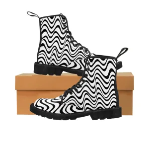 Wavy Women's Canvas Boots, Curvy Patterned Print Winter Hiking Canvas Designer Boots For Ladies