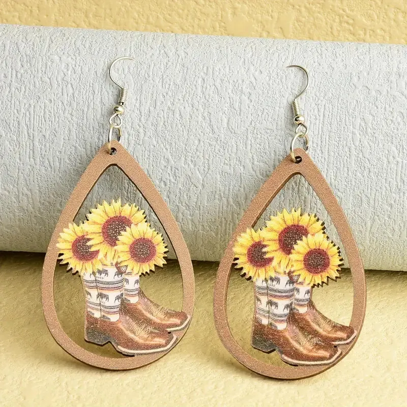 Western Cowboy Boots Sunflower Earrings Wooden Earrings