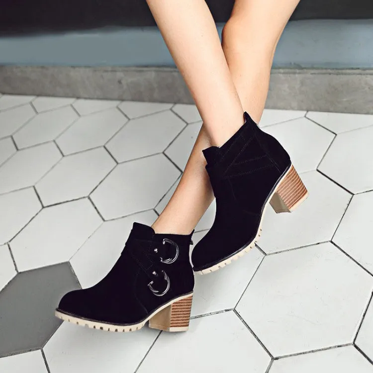 Women Buckle Block High Heel Ankle Boots